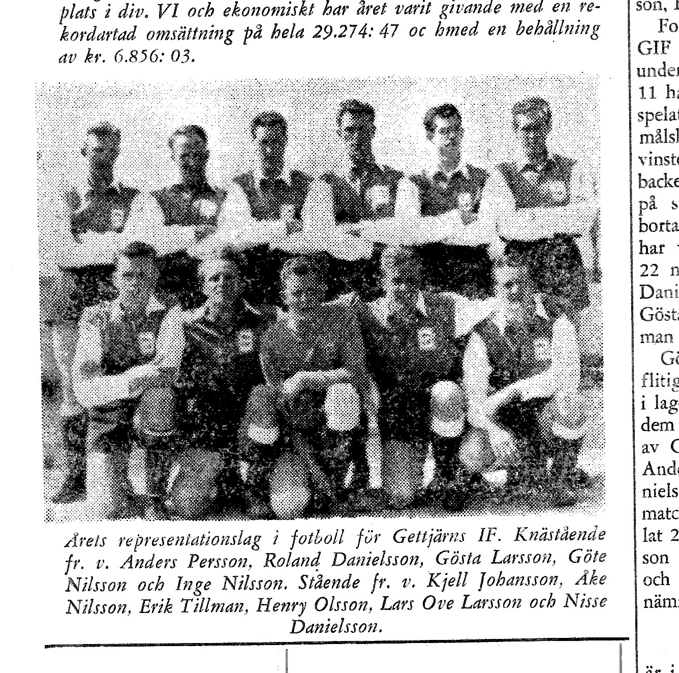 Årets representationslag i fotboll för Gettjärns IF, 1957. Knästående fr. v.: Anders Persson, Roland Danielsson, Gösta Larsson, Göte Nilsson och Inge Nilsson. Stående fr. v.: Kjell Johansson, Åke Nilsson, Erik Tillman, Henry Olsson, Lars Ove Larsson och Nisse Danielsson. (Ur Nisse Danielssons pärm.)